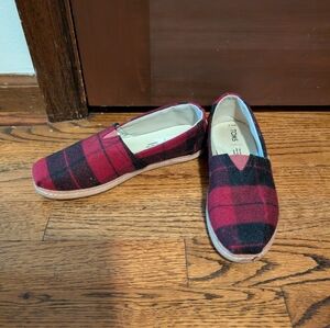 Toms Red and Black Plaid Slip-Ons